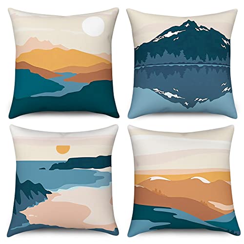 Hnmdmyi Kissenbezug Boho 40x40 4er Set, Abstrakt Berg Sonnenuntergang Sonnenaufgang Dekorative Kissenbezüge Mid Century Modern Natur Landschaft Kunst Leinen Kissenhülle für Sofa Couch Bett Home Decor von Hnmdmyi