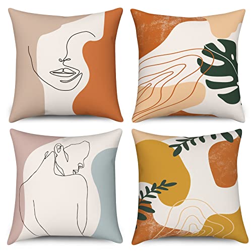 Hnmdmyi Kissenbezug Boho 40x40 4er Set, Abstrakt Minimalistisch Frau Gesicht Körper Linie Blatt Pflanze Dekorative Kissenbezüge Moderne Kunst Ästhetisch Leinen Kissenhülle für Sofa Couch Home Decor von Hnmdmyi