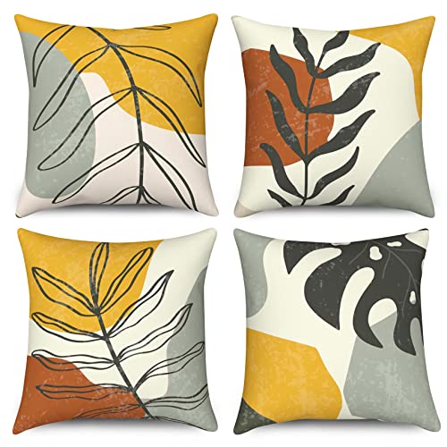 Hnmdmyi Kissenbezug Boho 40x40 4er Set, Abstrakte Blätter Natur Pflanzen Dekorative Kissenbezüge Mid Century Modern Minimalistisch Ästhetische Kunst Leinen Kissenhülle für Sofa Couch Bett Home Decor von Hnmdmyi