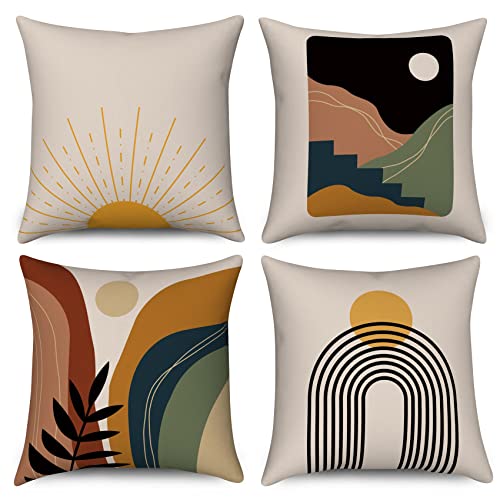 Hnmdmyi Kissenbezug Boho 40x40 4er Set, Abstrakte Sonne Sonnenuntergang Sonnenaufgang Linie Regenbogen Berg Dekorative Kissenbezüge Natur Landschaft Moderne Kunst Leinen Kissenhülle für Home Decor von Hnmdmyi