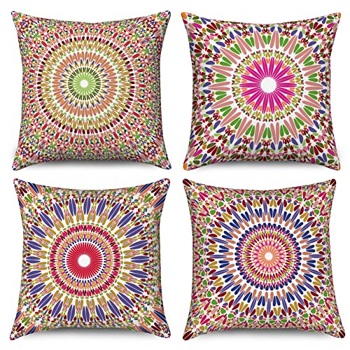 Hnmdmyi Kissenbezug Boho 40x40 4er Set, Bunte Retro Floral Mandala Kompass Medaillon Bohemian Dekorative Kissenbezüge Leinen Kissenhülle für Sofa Couch Bett Garten Outdoor Home Decor von Hnmdmyi