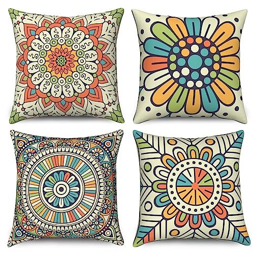 Hnmdmyi Kissenbezug Boho 40x40 4er Set, Retro Buntes Mandala Floral Bohème Dekorative Kissenbezüge Hippie Ästhetische Kunst Leinen Kissenhülle für Sofa Couch Bett Garten Outdoor Home Decor von Hnmdmyi