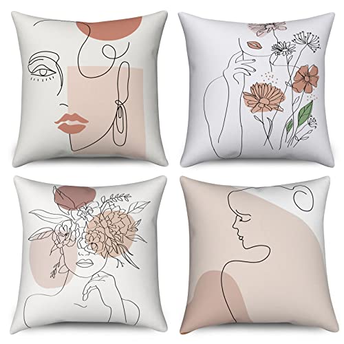 Hnmdmyi Kissenbezug Boho 45x45 4er Set, Abstrakt Minimalistisch Frau Gesicht Körper Linie Floral Pflanze Dekorative Kissenbezüge Moderne Kunst Ästhetische Leinen Kissenhülle für Sofa Couch Home Decor von Hnmdmyi