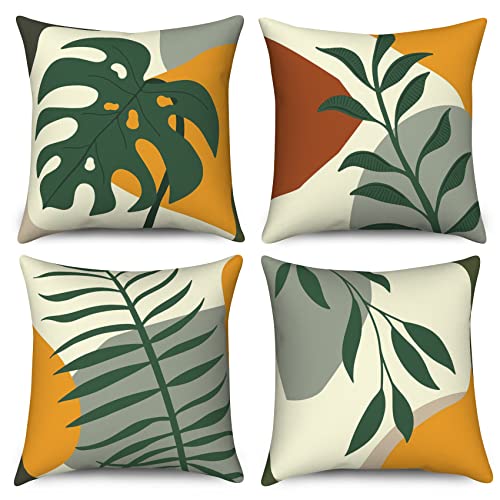 Hnmdmyi Kissenbezug Boho 45x45 4er Set, Abstrakte Blätter Natur Pflanzen Dekorative Kissenbezüge Mid Century Modern Minimalistisch Ästhetische Kunst Leinen Kissenhülle für Sofa Couch Bett Home Decor von Hnmdmyi