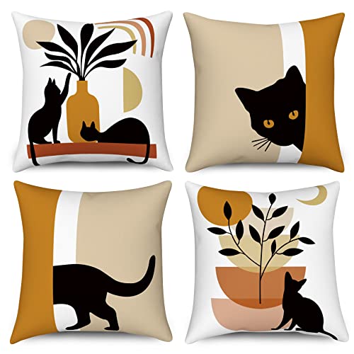 Hnmdmyi Kissenbezug Boho 45x45 4er Set, Abstrakte Schwarze Katze Pflanze Sonne Mond Dekorative Kissenbezüge Moderne Minimalistische Kunst Ästhetische Leinen Kissenhülle für Sofa Outdoor Home Decor von Hnmdmyi