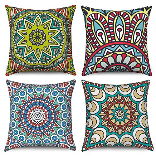 Hnmdmyi Kissenbezug Boho 45x45 4er Set, Bohemian Bauernhaus Retro Floral Mandala Kompass Medaillon Dekorative Kissenbezüge Leinen Kissenhülle für Sofa Couch Bett Garten Outdoor Home Decor von Hnmdmyi