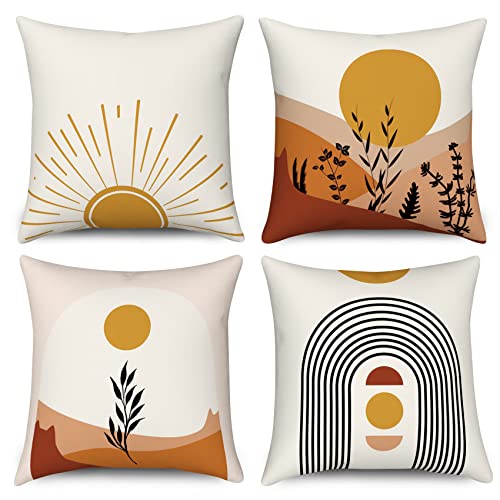 Hnmdmyi Kissenbezug Boho 45x45 4er Set, Mid Century Abstrakte Sonne Berg Blatt Regenbogen Dekorative Kissenbezüge Natur Landschaft Moderne Kunst Leinen Kissenhülle für Sofa Couch Outdoor Home Decor von Hnmdmyi