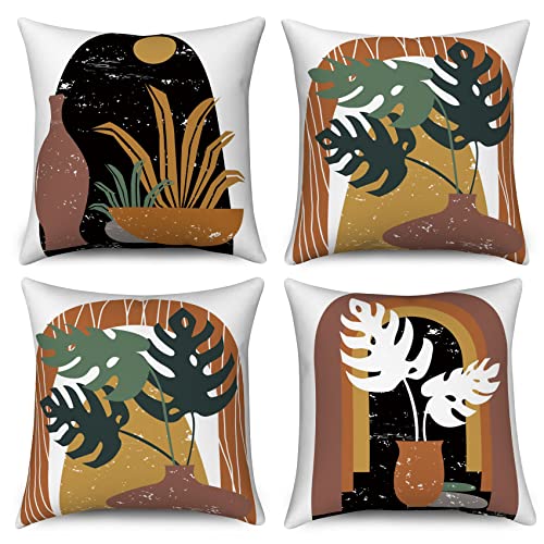 Hnmdmyi Kissenbezug Boho 45x45 4er Set, Mid Century Abstrakte Tropische Blatt Terrakotta Dekorative Kissenbezüge Moderne Ästhetische Kunst Leinen Kissenhülle für Sofa Couch Garten Outdoor Home Decor von Hnmdmyi