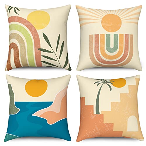 Hnmdmyi Kissenbezug Boho 45x45 4er Set, Mid Century Abstraktes Blatt Sonne Regenbogen Dekorative Kissenbezüge Modern Geometrisch Ästhetisch Kunst Leinen Kissenhülle für Sofa Couch Outdoor Home Decor von Hnmdmyi