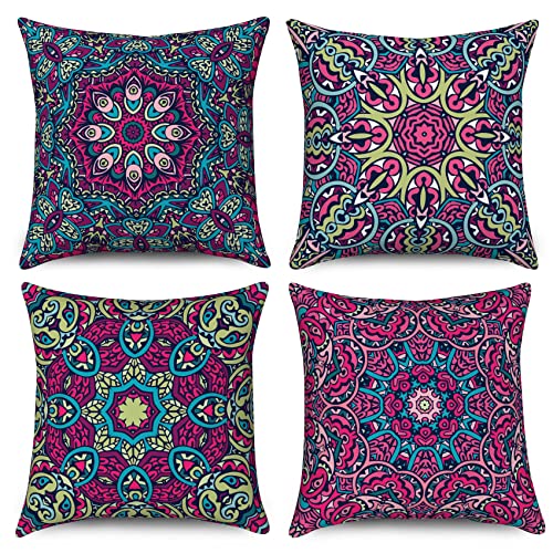 Hnmdmyi Kissenbezug Boho 45x45 4er Set, Retro Floral Mandala Kompass Medaillon Dekorative Kissenbezüge Bohemian Hippie Leinen Kissenhülle für Sofa Couch Bett Garten Outdoor Home Decor von Hnmdmyi