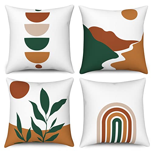 Hnmdmyi Kissenbezug Boho 50x50 4er Set, Abstraktes Blatt Sonnenuntergang Sonnenaufgang Linie Regenbogen Berg Dekorative Kissenbezüge Natur Landschaft Moderne Kunst Leinen Kissenhülle für Home Decor von Hnmdmyi