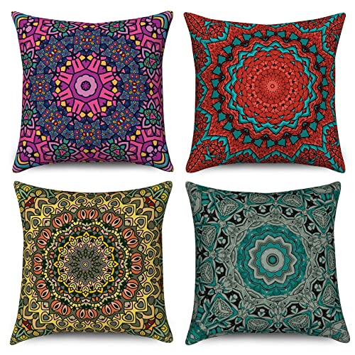 Hnmdmyi Kissenbezug Boho 50x50 4er Set, Retro Floral Mandala Kompass Medaillon Dekorative Kissenbezüge Bohemian Hippie Bunte Leinen Kissenhülle für Sofa Couch Bett Garten Outdoor Home Decor von Hnmdmyi