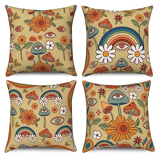 Hnmdmyi Kissenbezug Boho 50x50 4er Set, Retro Floral Regenbogen Funky Pilze Augen Dekorative Kissenbezüge Hippie Gelb Orange Leinen Kissenhülle für Sofa Couch Bett Garten Outdoor Home Decor von Hnmdmyi