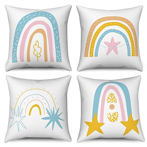 Hnmdmyi Kissenbezug Boho Regenbogen 40x40 4er Set, Bohemian Baby Kinderzimmer Inspirierende Regenbogen Dekorative Kissenbezüge Leinen Kissenhülle für Sofa Couch Bett Garten Outdoor Home Decor von Hnmdmyi