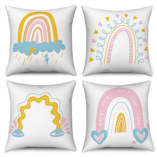 Hnmdmyi Kissenbezug Boho Regenbogen 45x45 4er Set, Bohemian Baby Kinderzimmer Inspirierende Regenbogen Dekorative Kissenbezüge Leinen Kissenhülle für Sofa Couch Bett Garten Outdoor Home Decor von Hnmdmyi