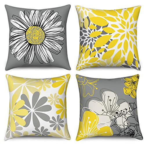 Hnmdmyi Kissenbezug Gelb 50x50 4er Set, Gelb und Grau Blumen Dekorative Kissenbezüge Modernes Gänseblümchen Bauernhaus Boho Leinen Kissenhülle für Sofa Couch Bett Garten Outdoor Home Decor von Hnmdmyi