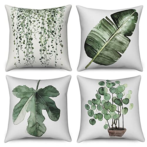 Hnmdmyi Kissenbezug Grün 40x40 4er Set, Aquarell Eukalyptus Blätter Pflanze Botanisch Dekorative Kissenbezüge Leinen Quadratische Kissenhülle für Sofa Couch Bett Garten Outdoor Home Decor von Hnmdmyi