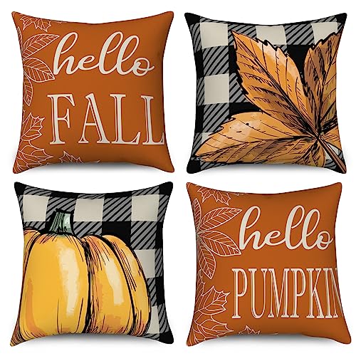 Hnmdmyi Kissenbezug Herbst 45x45 4er Set, Büffel Plaid Kürbis und Ahornblatt Bauernhaus Thanksgiving Dekorative Kissenbezüge Orange Gelb Leinen Kissenhülle für Sofa Couch Garten Outdoor Home Decor von Hnmdmyi