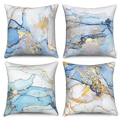 Hnmdmyi Kissenbezug Marmor 40x40 4er Set, Blau Golden Gradient Abstrakt Marmor Textur Tinte Dekorative Kissenbezüge Aquarell Moderne Kunst Leinen Kissenhülle für Sofa Couch Garten Outdoor Home Decor von Hnmdmyi