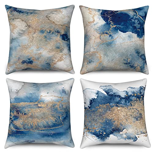 Hnmdmyi Kissenbezug Marmor 40x40 4er Set, Marineblau Golden Gradient Abstrakt Marmor Textur Tinte Dekorative Kissenbezüge Aquarell Moderne Kunst Leinen Kissenhülle für Sofa Couch Outdoor Home Decor von Hnmdmyi