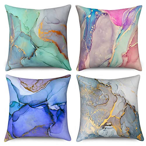 Hnmdmyi Kissenbezug Marmor 50x50 4er Set, Grün Lila Blau Grau Golden Gradient Marmor Textur Tinte Dekorative Kissenbezüge Aquarell Moderne Kunst Leinen Kissenhülle für Sofa Couch Outdoor Home Decor von Hnmdmyi