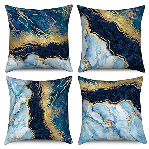 Hnmdmyi Kissenbezug Marmor 50x50 4er Set, Marineblau und Gold Abstrakte Marmor Textur Dekorative Kissenbezüge Moderne Luxus Kunst Leinen Kissenhülle für Sofa Couch Bett Garten Outdoor Home Decor von Hnmdmyi