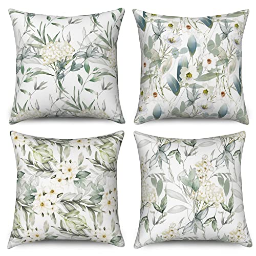 Hnmdmyi Kissenbezug Salbeigrün 50x50 4er Set, Aquarell Blumen und Blätter Pflanze Botanische Dekorative Kissenbezüge Leinen Quadratische Kissenhülle für Sofa Couch Bett Garten Outdoor Home Decor von Hnmdmyi