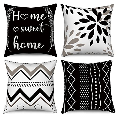 Hnmdmyi Kissenbezug Schwarz 45x45 4er Set, Home Sweet Home Blumen Boho Geometrisch Dekorative Kissenbezüge Modernes Bauernhaus Leinen Kissenhülle für Sofa Couch Bett Garten Outdoor Home Decor von Hnmdmyi