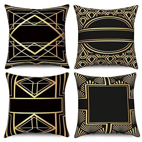 Hnmdmyi Kissenbezug Schwarz und Gold 40x40 4er Set, Boho Kissenbezüge Moderne Geometrische Muster Dekorative Leinen Kissenhülle für Sofa Couch Bett Garten Outdoor Home Decor von Hnmdmyi