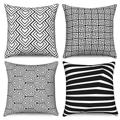 Hnmdmyi Kissenbezug Schwarz und Weiß 45x45 4er Set, Boho Geometrisches Muster Dekorative Kissenbezüge Modernes Bauernhaus Neutrale Leinen Kissenhülle für Sofa Couch Bett Garten Outdoor Home Decor von Hnmdmyi