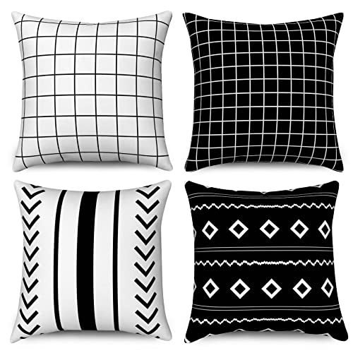 Hnmdmyi Kissenbezug Schwarz und Weiß 50x50 4er Set, Boho Kissenbezüge Modernes Geometrisches Muster Dekorative Leinen Kissenhülle für Sofa Couch Bett Garten Outdoor Home Decor von Hnmdmyi