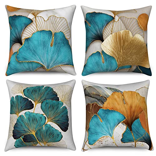 Hnmdmyi Kissenbezug Türkis 40x40 4er Set, Teal und Gold Blumen Blatt Pflanze Bauernhaus Dekorative Kissenbezüge Leinen Kissenhülle für Sofa Couch Bett Garten Outdoor Home Decor von Hnmdmyi