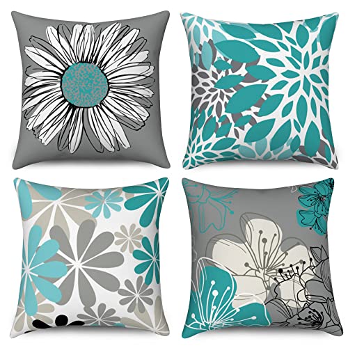 Hnmdmyi Kissenbezug Türkis 50x50 4er Set, Türkis und Grau Blumen Dekorative Kissenbezüge Modernes Gänseblümchen Bauernhaus Boho Leinen Kissenhülle für Sofa Couch Bett Garten Outdoor Home Decor von Hnmdmyi