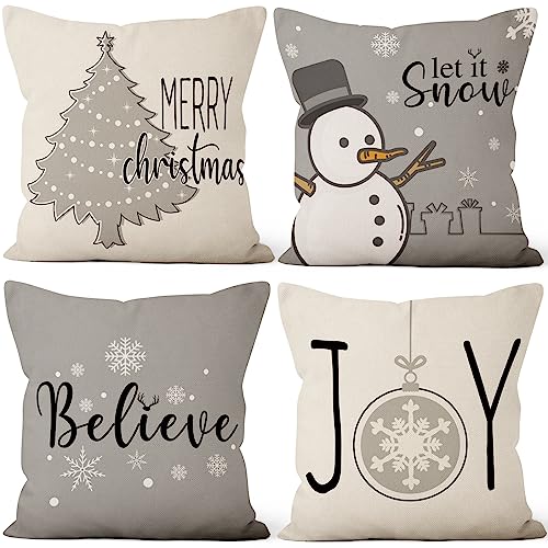 Hnmdmyi Kissenbezug Weihnachten 40x40 4er Set, Grau Bauernhaus Fröhlicher Weihnachtsbaum Let It Snow Believe Joy Winter Urlaub Dekorative Kissenbezüge Leinen Kissenhülle für Sofa Couch Home Decor von Hnmdmyi