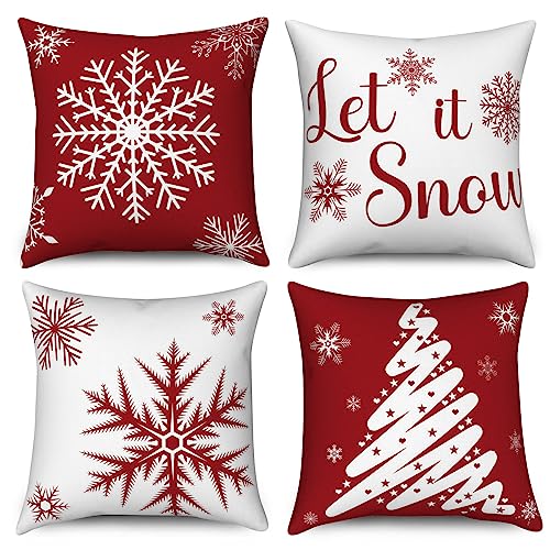 Hnmdmyi Kissenbezug Weihnachten 40x40 4er Set, Rot Schneeflocke Let It Snow Weihnachtsbaum Winter Urlaub Dekorative Kissenbezüge Leinen Kissenhülle für Sofa Couch Bett Garten Outdoor Home Decor von Hnmdmyi