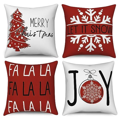 Hnmdmyi Kissenbezug Weihnachten 40x40 4er Set, Weihnachtsbaum Lassen Sie es Schneien FA La La Freude Rot Winter Urlaub Dekorative Kissenbezüge Leinen Kissenhülle für Sofa Couch Outdoor Home Decor von Hnmdmyi