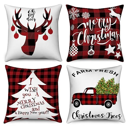 Hnmdmyi Kissenbezug Weihnachten 45x45 4er Set, Bauernhaus Schwarz und Rot Büffel Plaid Hirsch Weihnachtsbaum LKW Urlaub Dekorative Kissenbezüge Leinen Kissenhülle für Sofa Couch Outdoor Home Decor von Hnmdmyi