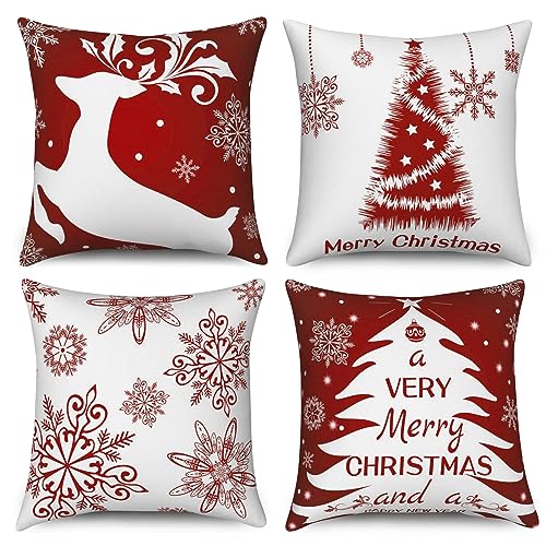 Hnmdmyi Kissenbezug Weihnachten 45x45 4er Set, Hirsch Xmas Baum Schneeflocke Bauernhaus Winter Urlaub Dekorative Kissenbezüge Rot Leinen Kissenhülle für Sofa Couch Bett Garten Outdoor Home Decor von Hnmdmyi