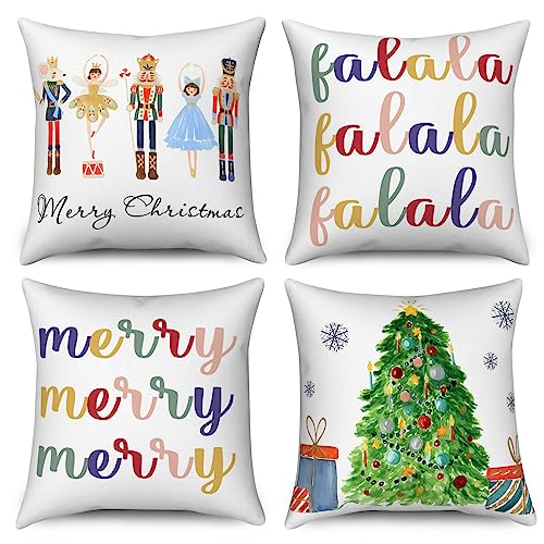 Hnmdmyi Kissenbezug Weihnachten 45x45 4er Set, Nussknacker FA La La Weihnachtsbaum Winter Urlaub Partei Dekorative Kissenbezüge Leinen Kissenhülle für Sofa Couch Bett Garten Outdoor Home Decor von Hnmdmyi