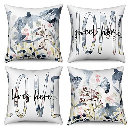 Kissenbezug Blumen 40x40 4er Set, Hnmdmyi Aquarell Vintage Blau Blume Pflanze Home Sweet Home Dekorative Kissenbezüge Ästhetische Kunst Leinen Kissenhülle für Sofa Couch Bett Garten Outdoor Home Decor von Hnmdmyi