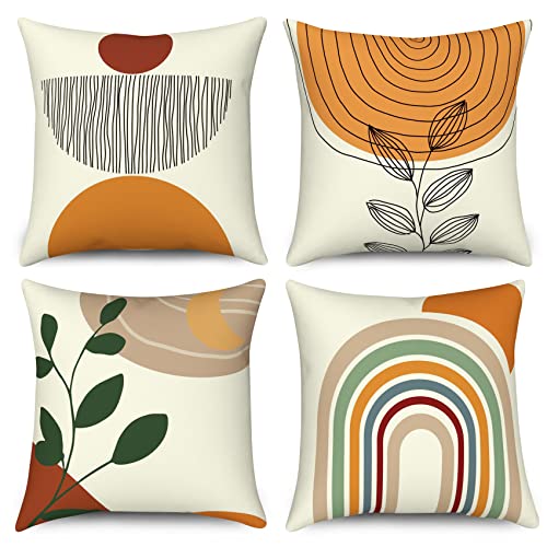 Kissenbezug Boho 40x40 4er Set, Hnmdmyi Abstraktes Blatt Regenbogen Sonne Mond Dekorative Kissenbezüge Landschaft Natur Minimalistische Moderne Kunst Ästhetische Leinen Kissenhülle für Sofa Home Decor von Hnmdmyi