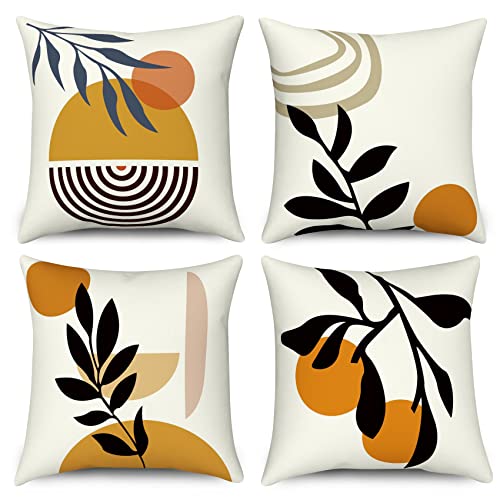 Kissenbezug Boho 45x45 4er Set, Hnmdmyi Abstraktes Blatt Pflanze Sonne Regenbogen Dekorative Kissenbezüge Geometrisch Minimalistisch Modern Kunst Ästhetisch Leinen Kissenhülle für Sofa Bett Home Decor von Hnmdmyi