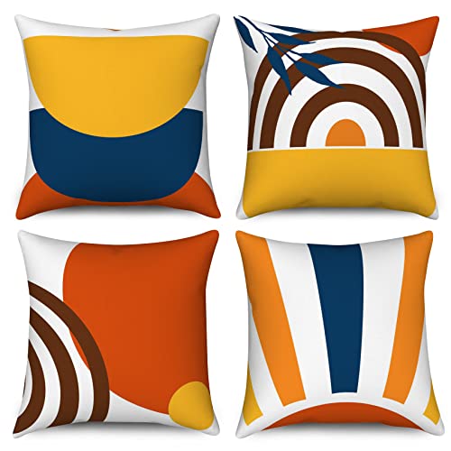 Kissenbezug Boho 45x45 4er Set, Hnmdmyi Mid Century Abstraktes Blatt Regenbogen Dekorative Kissenbezüge Gebranntes Orange Modern Geometrisch Minimalistisch Leinen Kissenhülle für Sofa Couch Home Decor von Hnmdmyi