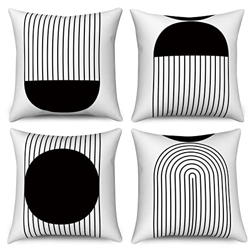 Kissenbezug Boho 45x45 4er Set, Hnmdmyi Schwarz und Weiß Mid Century Abstrakt Geometrisch Bogen Sonne Dekorative Kissenbezüge Modern Minimalistisch Leinen Kissenhülle für Sofa Couch Outdoor Home Decor von Hnmdmyi