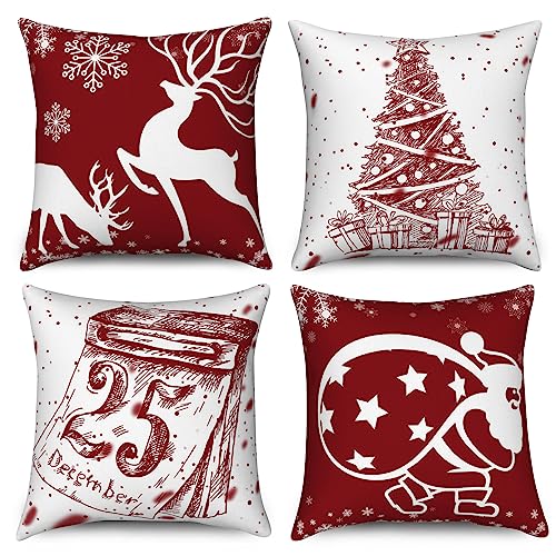 Kissenbezug Weihnachten 50x50 4er Set, Hnmdmyi Rot und Weiß Hirsch Schneeflocke Weihnachtsbaum Weihnachtsmann Winter Urlaub Dekorative Kissenbezüge Leinen Kissenhülle für Sofa Couch Outdoor Home Decor von Hnmdmyi