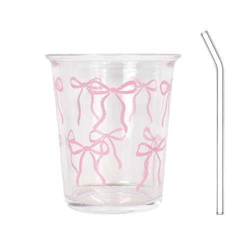 Bow Glasbecher mit Strohhalm, Dekoratives Bow Design, Vielseitiges Trinkglas, Gläser Trinkgläser, Eleganter Tumbler mit Bow Design, Iced Coffee Glas, Vielseitig für Kaffee, Cocktails und Mehr (350ml) Bow Glasbecher mit Strohhalm, Dekoratives Bow Design, Vielseitiges Trinkglas, Gläser Trinkgläser, Eleganter Tumbler mit Bow Design, Iced Coffee Glas, Vielseitig für Kaffee, Cocktails und Mehr (350ml) von Hnonoxy