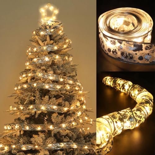 Shining Ribbon Christmas, 5 Meter L-E-D Bänder zum Aufhängen von Weihnachtsbäumen, Party-Dekoration für Drinnen und Draußen, Hängende Dekoration (Gold) von HoGeGe