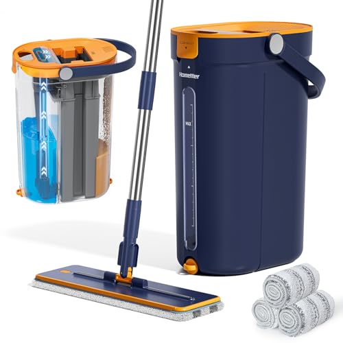 HoMettler Wischmopp und Eimer Set mit Auswringer, 3-Tank Flachmopp und Eimersystem, Wandwischerreiniger mit langem Griff, freihändige Mops für Bodenreinigung mit 4 Mikrofaser-Pads HoMettler Wischmopp und Eimer Set mit Auswringer, 3-Tank Flachmopp und Eimersystem, Wandwischerreiniger mit langem Griff, freihändige Mops für Bodenreinigung mit 4 Mikrofaser-Pads von HoMettler