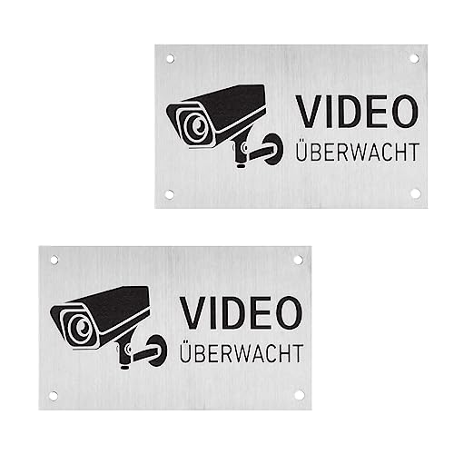 2x Achtung Videoüberwachung - Schild Sicherheitsschilder Set mit Bohrlöchern, Dieser Bereich Wird Videoüberwacht - 10x6 cm Aluminium, Klassisches Warnschild für Innen und Außenbereich von HoaaiGo