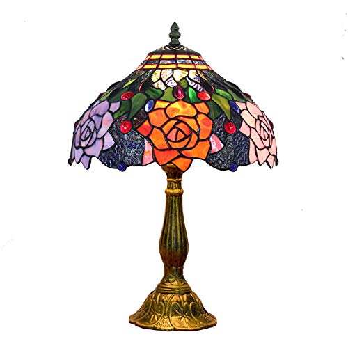 Hobaca 12 Zoll Buntglas Rose Tiffany Tischlampe Art Dekorative Weinlese Nachttischlampe Elegant Schlafzimmer Lampe für Wohnzimmer Studie Schlafzimmer von Hobaca